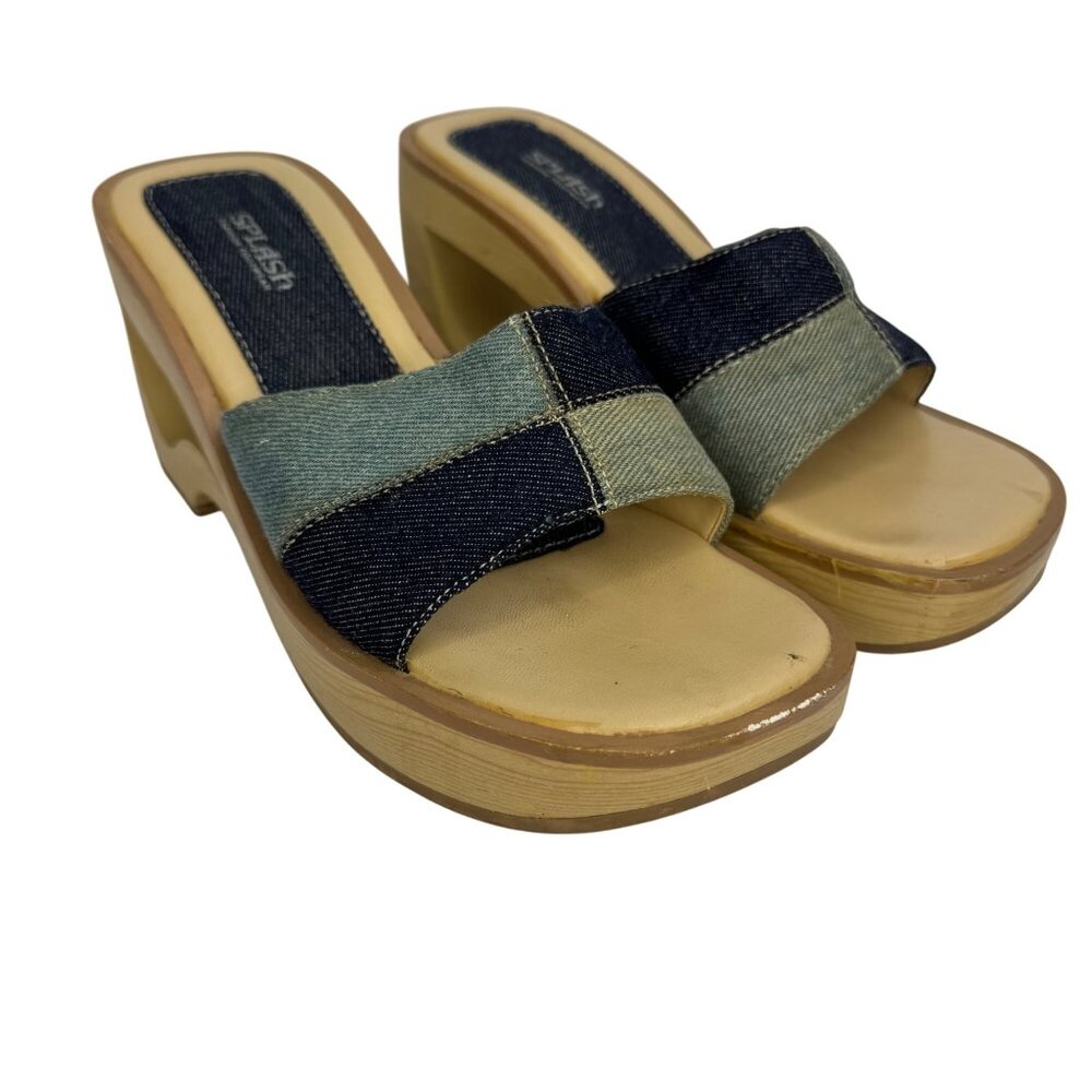 Vintage Y2K Splash Wooden Platform Sandals With Denim Patchwork Straps Bratz